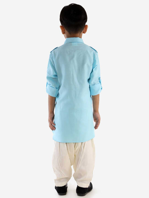 JBN Creation Boy's Blue Cotton Blend Pathani Suit Set