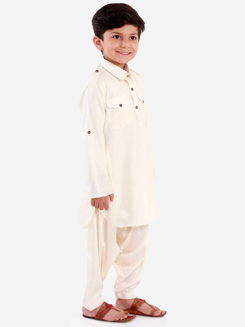 Vastramay Boys Cream Cotton Blend Pathani Suit Set