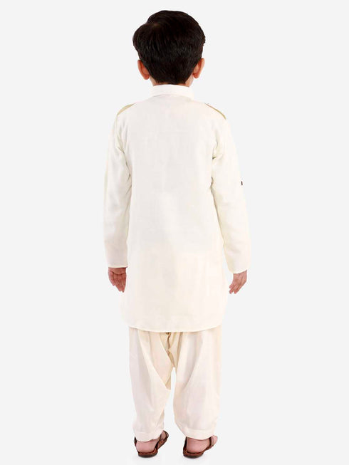Vastramay Boys Cream Cotton Blend Pathani Suit Set
