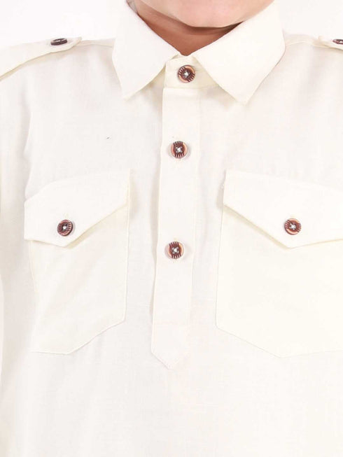 Vastramay Boys Cream Cotton Blend Pathani Suit Set