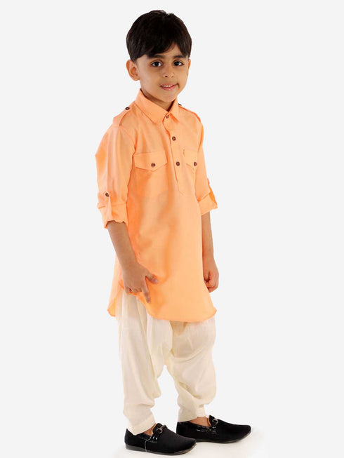 VASTRAMAY Boys Peach Cotton Blend Pathani Suit Set