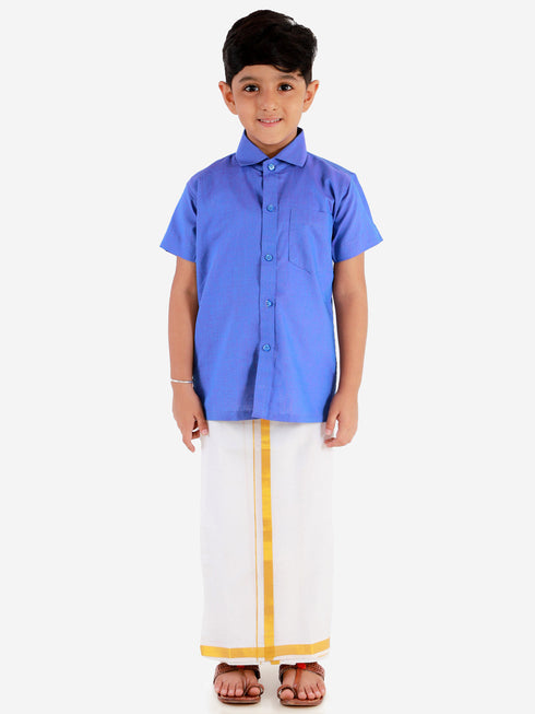 JBN Creation Boys' Teal Blue Cotton Short Sleeves Ethnic Shirt Mundu Vesty Style Dhoti Pant Set