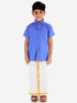JBN Creation Boys' Teal Blue Cotton Short Sleeves Ethnic Shirt Mundu Vesty Style Dhoti Pant Set