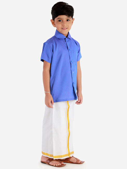 JBN Creation Boys' Teal Blue Cotton Short Sleeves Ethnic Shirt Mundu Vesty Style Dhoti Pant Set