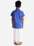 JBN Creation Boys' Teal Blue Cotton Short Sleeves Ethnic Shirt Mundu Vesty Style Dhoti Pant Set