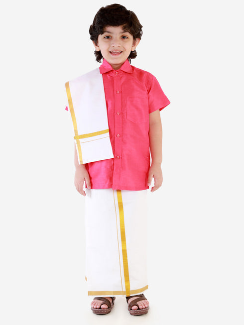 JBN Creation Boys' Punch Pink Silk Short Sleeves Ethnic Shirt Mundu Vesty Style Dhoti Pant Set
