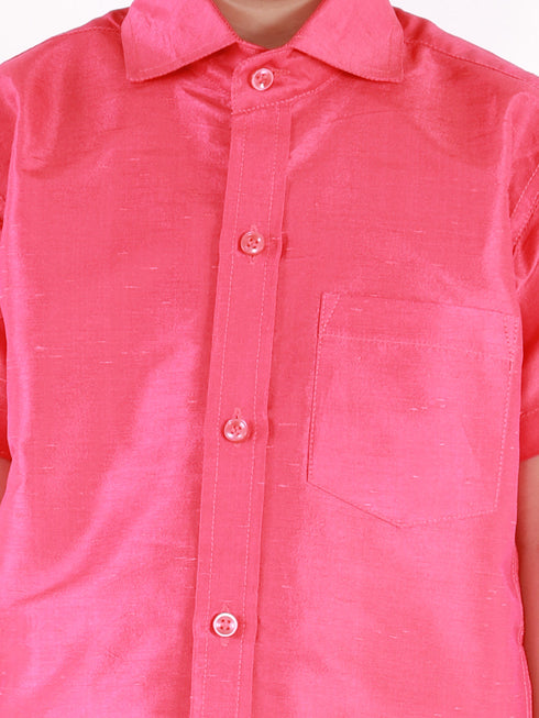 JBN Creation Boys' Punch Pink Silk Short Sleeves Ethnic Shirt Mundu Vesty Style Dhoti Pant Set