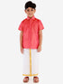 JBN Creation Boys' Candy Red Silk Short Sleeves Ethnic Shirt Mundu Vesty Style Dhoti Pant Set