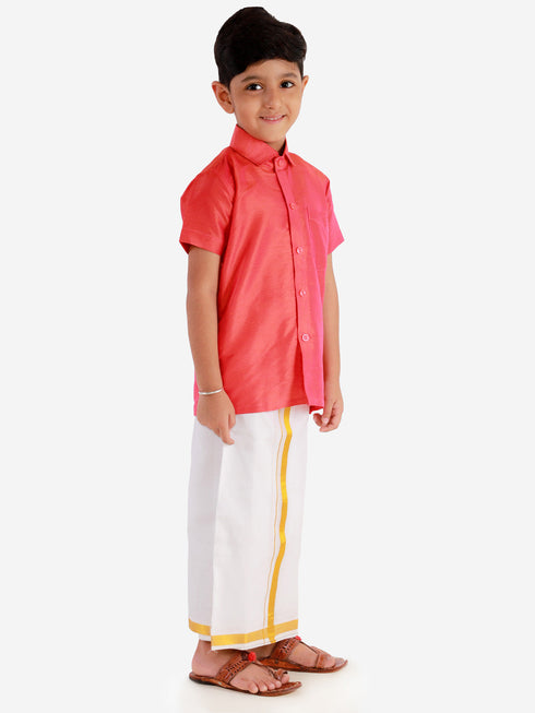 JBN Creation Boys' Candy Red Silk Short Sleeves Ethnic Shirt Mundu Vesty Style Dhoti Pant Set