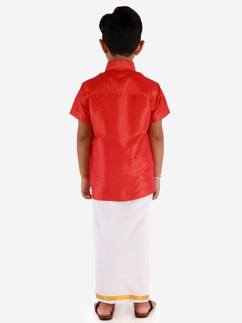 JBN Creation Boys' Candy Red Silk Short Sleeves Ethnic Shirt Mundu Vesty Style Dhoti Pant Set