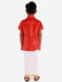 JBN Creation Boys' Candy Red Silk Short Sleeves Ethnic Shirt Mundu Vesty Style Dhoti Pant Set
