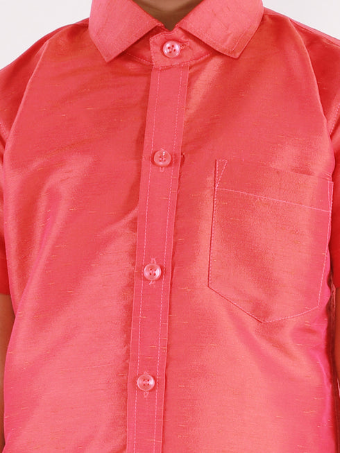 JBN Creation Boys' Candy Red Silk Short Sleeves Ethnic Shirt Mundu Vesty Style Dhoti Pant Set
