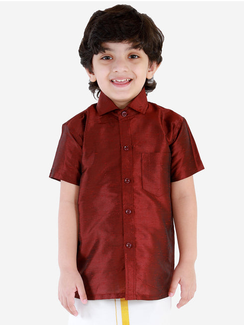 JBN Creation Boys' Wine Silk Short Sleeves Ethnic Shirt