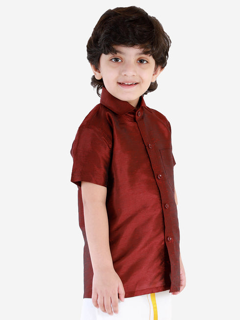 JBN Creation Boys' Wine Silk Short Sleeves Ethnic Shirt