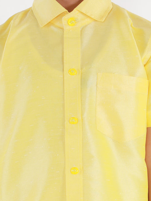 JBN Creation Boys' Butter Yellow Silk Short Sleeves Ethnic Shirt Mundu Vesty Style Dhoti Pant Set