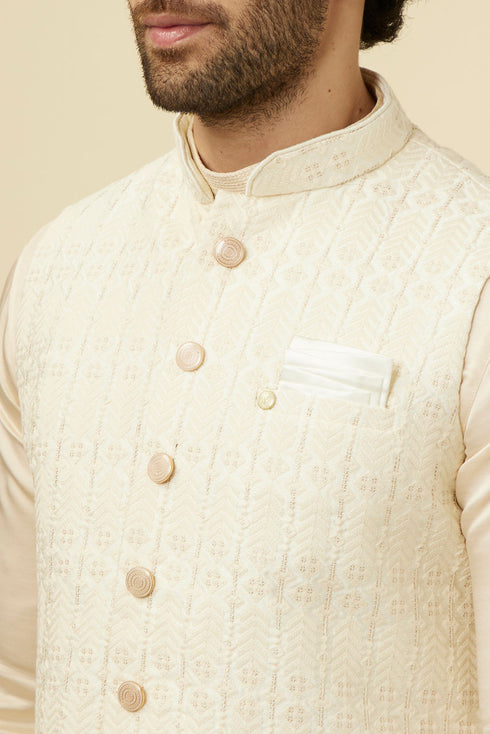 Manyavar Pearled Ivory White Herringbone Patterned Jacket