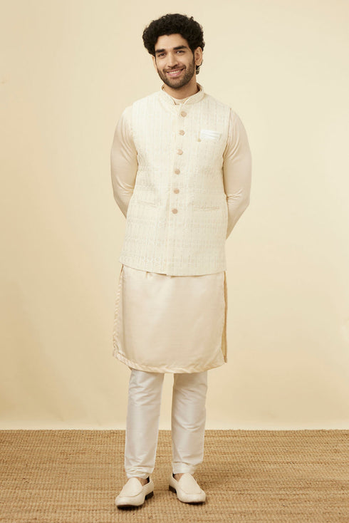 Manyavar Pearled Ivory White Herringbone Patterned Jacket
