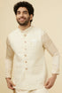 Manyavar Pearled Ivory White Herringbone Patterned Jacket
