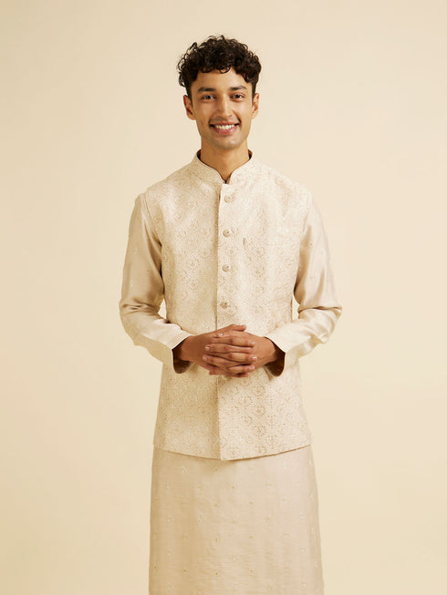 Manyavar Beige Sequin Embroidered Kurta Jacket Set