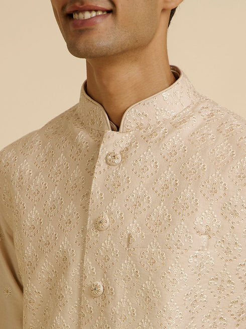 Manyavar Beige Sequin Embroidered Kurta Jacket Set