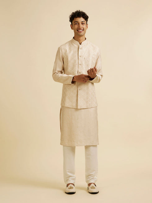 Manyavar Beige Sequin Embroidered Kurta Jacket Set