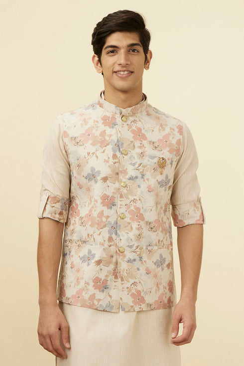 Manyavar Antique White Floral Printed Jacket Set