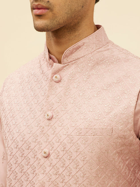 Manyavar Lemonade Pink Floral Buta Patterned Kurta Jacket Set