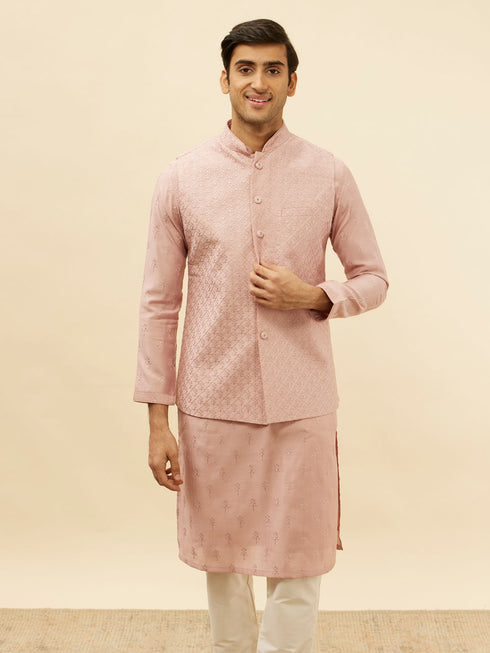 Manyavar Lemonade Pink Floral Buta Patterned Kurta Jacket Set