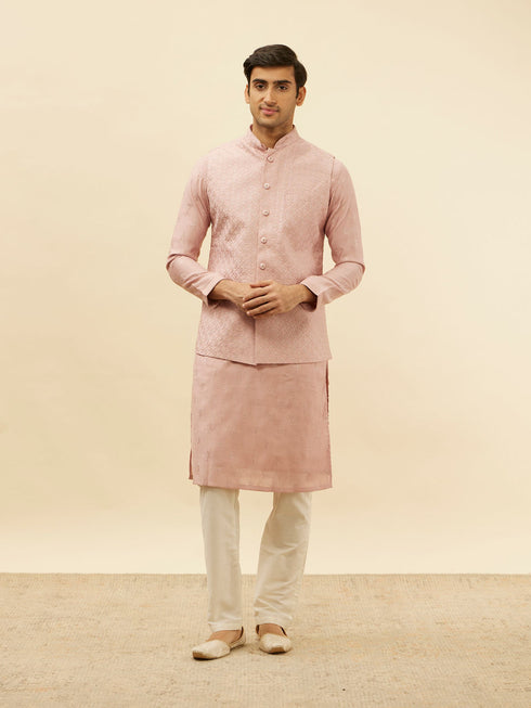 Manyavar Lemonade Pink Floral Buta Patterned Kurta Jacket Set