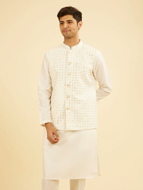 Manyavar Warm White Kurta Jacket Set