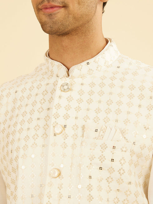 Manyavar Warm White Kurta Jacket Set