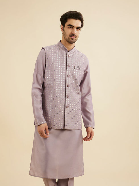 Manyavar Soft Lilac Linear Patterned Jacket Set with Stone Work