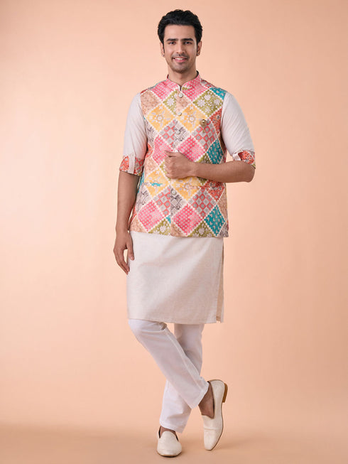 Manyavar Beige Linen Kurta Jacket Set
