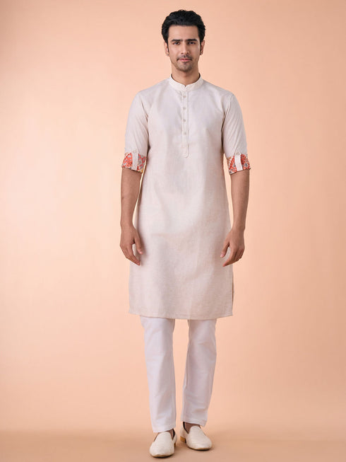 Manyavar Beige Linen Kurta Jacket Set