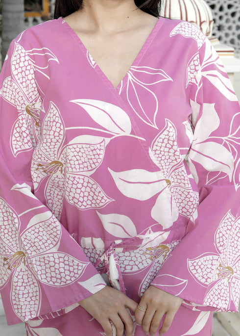 Miravan Womens Pure Cotton Floral Printed Pink V Neck Waist Tie Up Playsuit