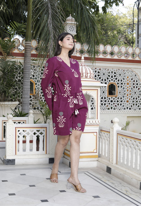 Miravan Womens Pure Cotton Wine Floral Printed Long Sleeves Waist Tie Up Playsuit