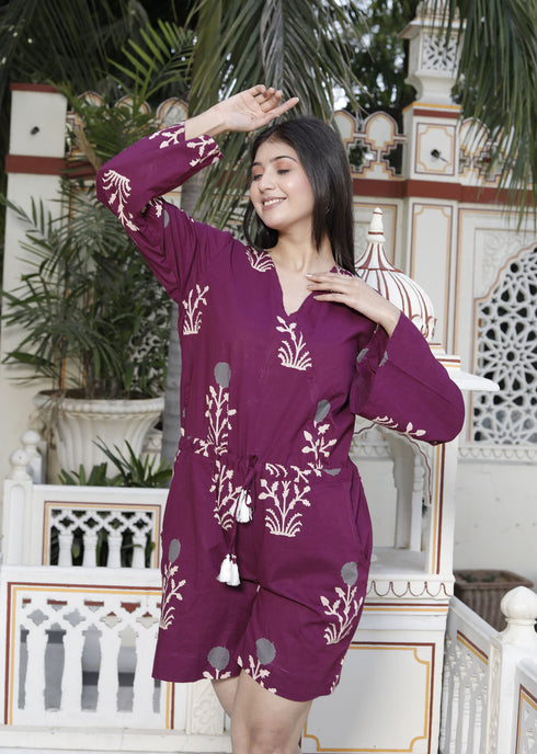 Miravan Womens Pure Cotton Wine Floral Printed Long Sleeves Waist Tie Up Playsuit