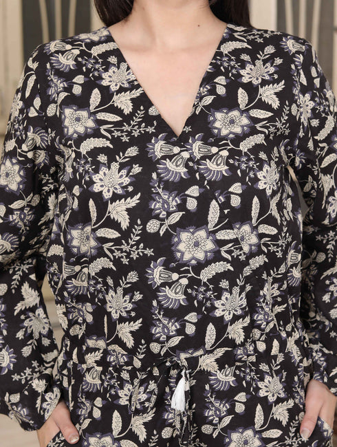 Miravan Womens Pure Cotton Black Long Sleeve Floral Printed Stylish Jumpsuit