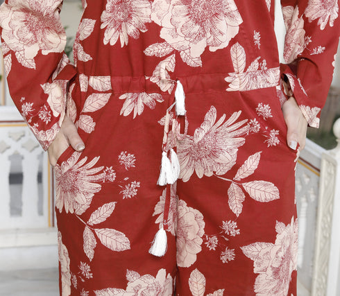 Miravan Womens Pure Cotton Red Floral Printed Long Sleeves Jumpsuit
