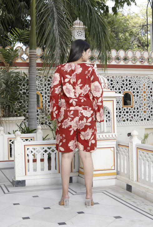 Miravan Womens Pure Cotton Red Floral Printed Long Sleeves Jumpsuit