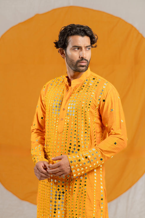 Kzari Luxe Granola Glass Mirror Raw Silk Kurta