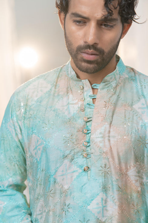 Kzari Firozi Gulzar Chanderi Silk Checks Batik Kurta