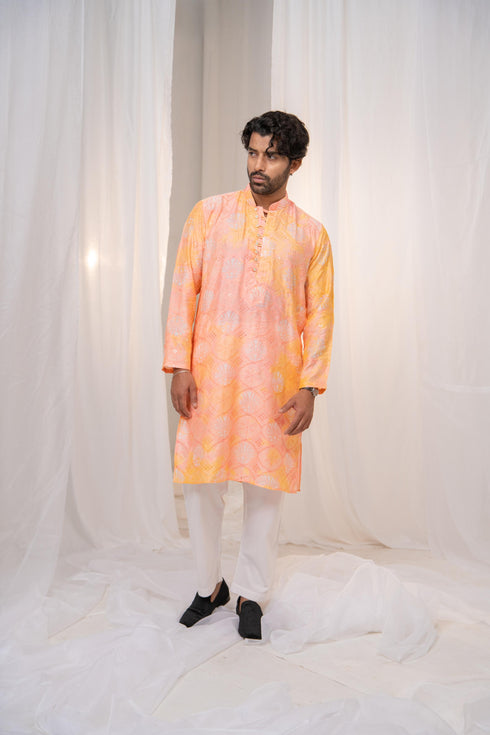 Kzari Kesari Peach Batik Star Chanderi Silk Kurta