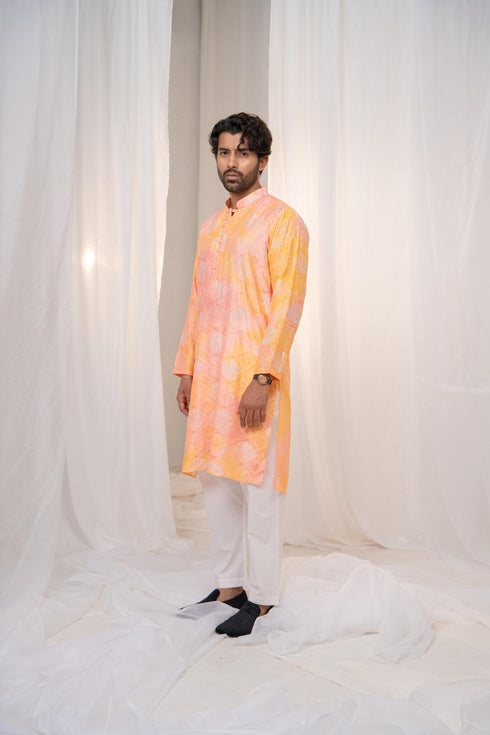 Kzari Kesari Peach Batik Star Chanderi Silk Kurta