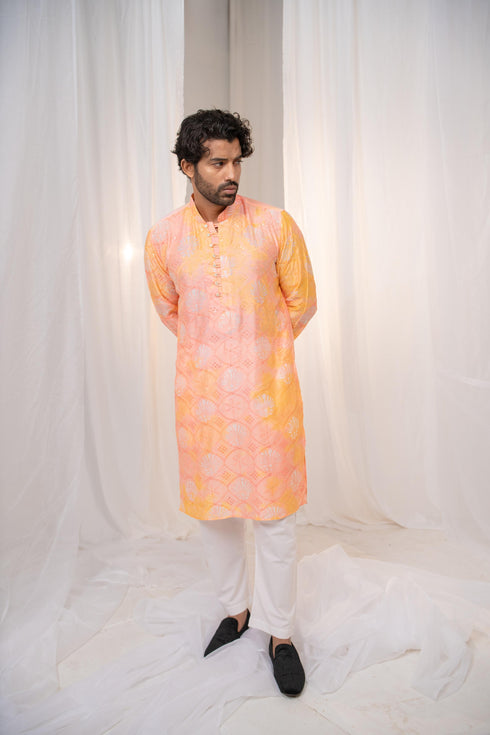 Kzari Kesari Peach Batik Star Chanderi Silk Kurta