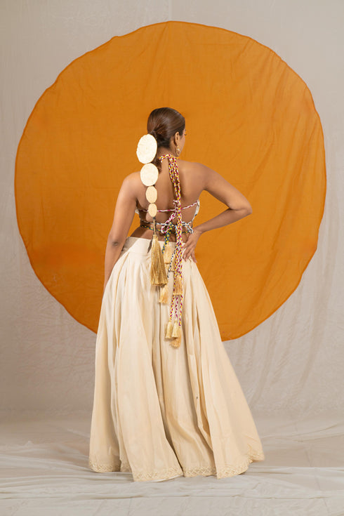 Kzari Silk Base Safed Rangeen Lehenga Choli