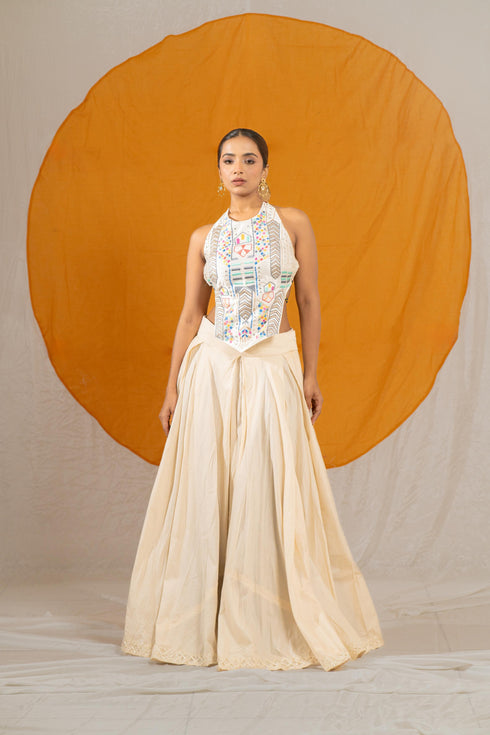 Kzari Silk Base Safed Rangeen Lehenga Choli