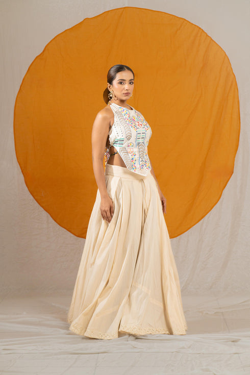 Kzari Silk Base Safed Rangeen Lehenga Choli