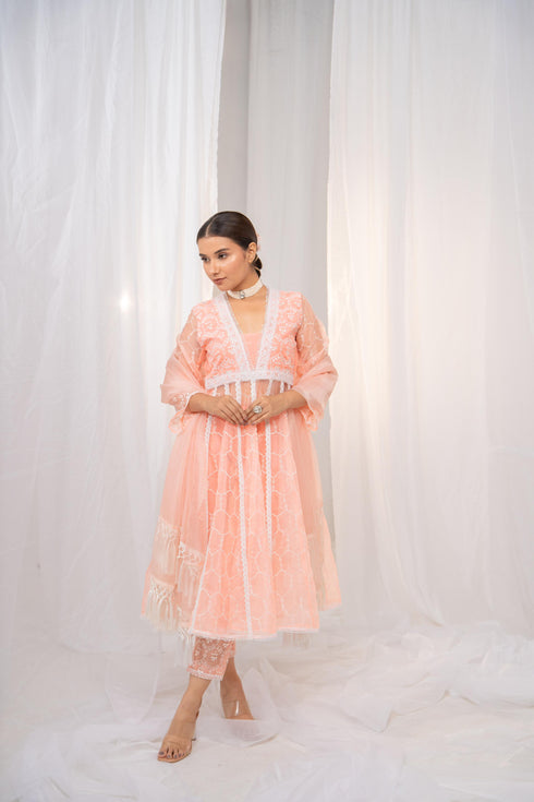 Kzari Ethereal Kesari Organza Anarkali with Safed Embroidery, Pants, and Dupatta
