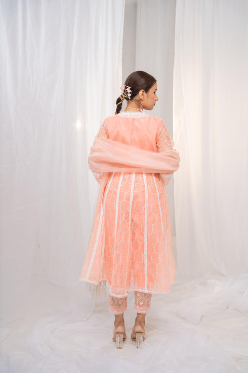 Kzari Ethereal Kesari Organza Anarkali with Safed Embroidery, Pants, and Dupatta